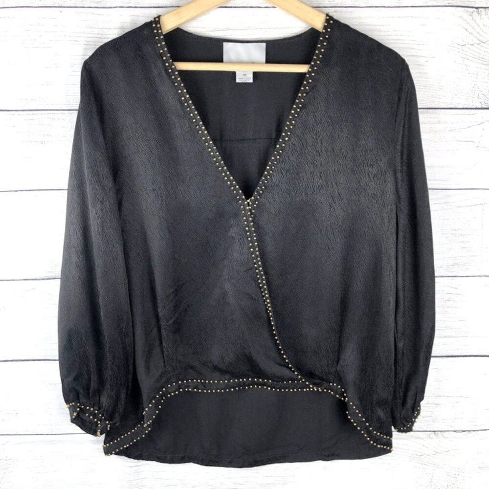 Chloe Oliver Gold Beaded Black Silk Wrap Blouse XS
